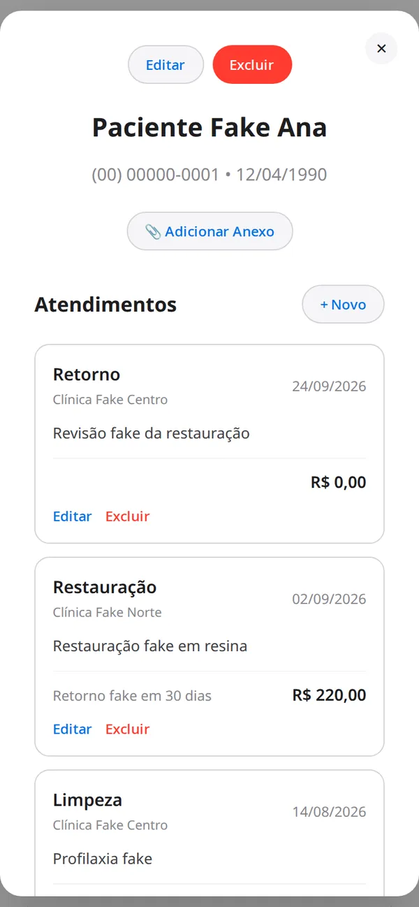 Ficha de paciente com atendimentos no celular